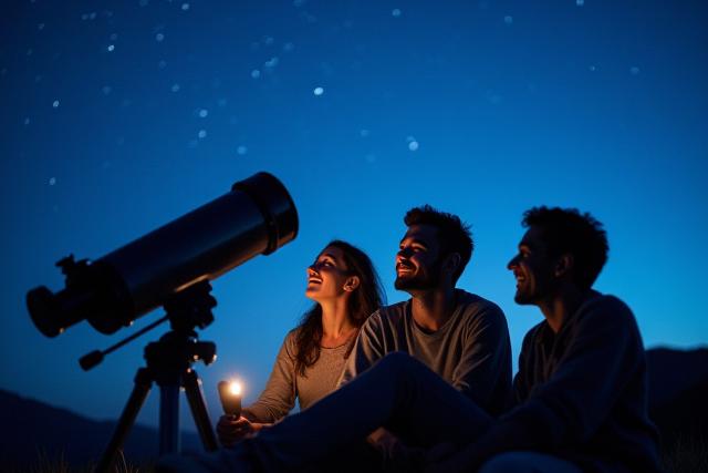 Team von Eclipse Books beim Betrachten von Sternen durch ein Teleskop